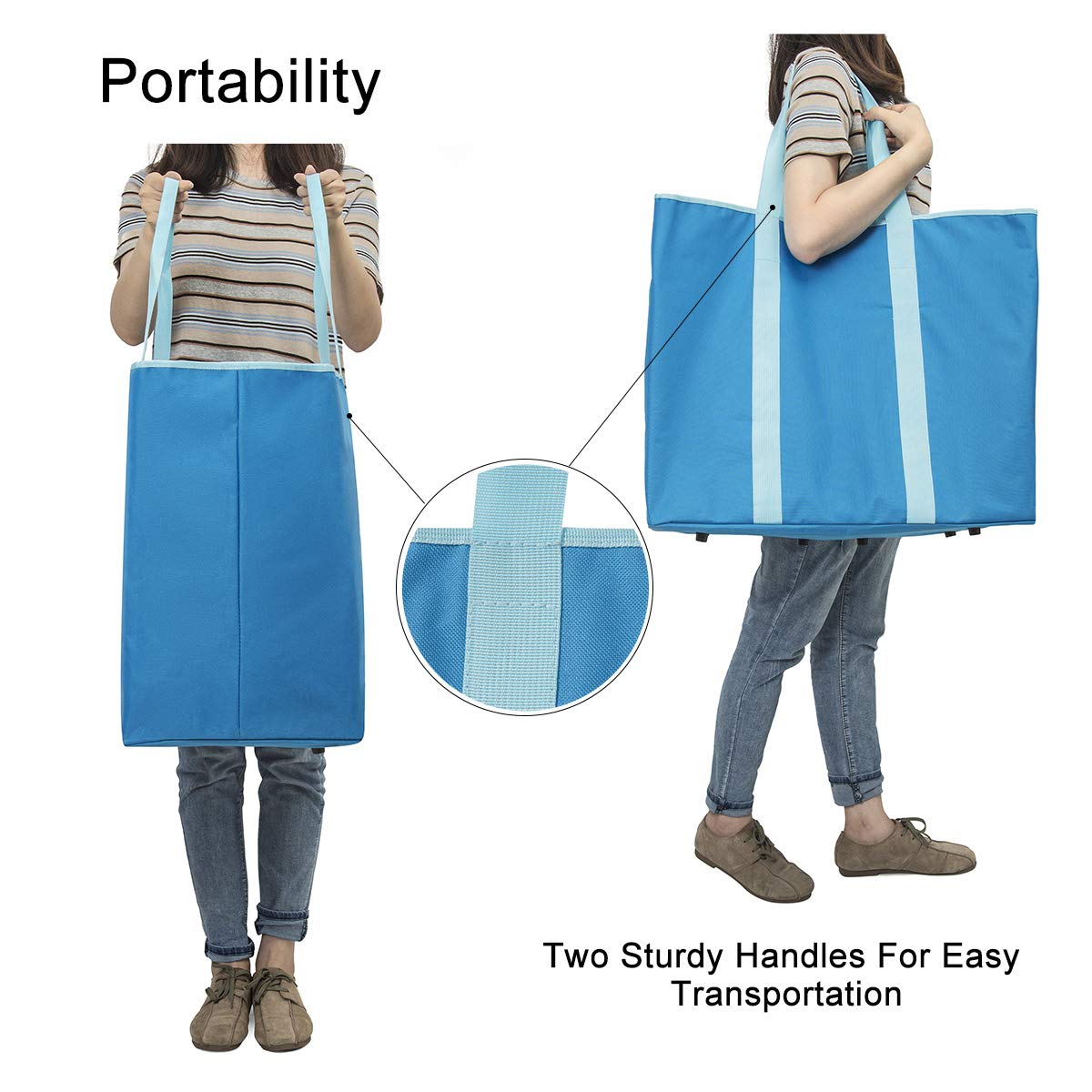 WISHPOOL Extra Large Laundry Basket Shopping Tote Bag Collapsible Laundry Hamper Handles Foldable Laundry Bags Standing Dirty Clothes Storage Organizer (Blue)