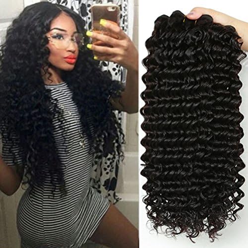 Cherie 7A Brazilian Deep Wave Hair 4 Bundles Deal Wet and Wavy Human Hair 100% Unprocessed Virgin Human Hair Extensions 95-105g/pc Natural Black Color Can Be Dyed and Bleached(14 16 18 20)