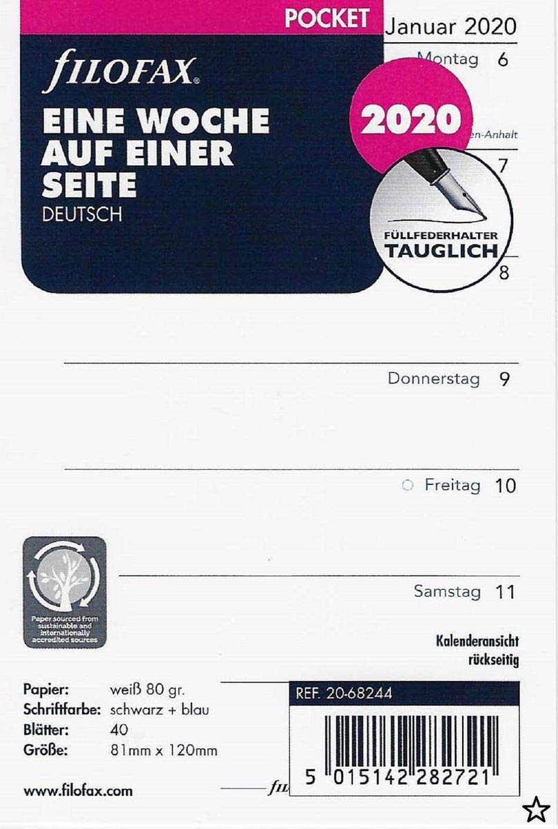 Filofax Calendar Insert Pocket 1 Week on 1 Page (German) 2020.