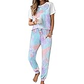 Ekouaer Womens Jogger Pajamas Sets 2 Piece Raglan Short Sleeve Pjs Lounge Set Soft Sleepwear with Pockets S-XXL