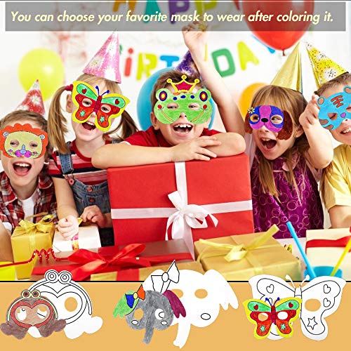DIY animal masks, 40 Sets DIY Blank Graffiti Masks Jungle Paper Masks with Colored Pens and Elastic ropes for Kids Dress up Birthday Party Halloween Cosplay Hand Painting Art Crafts Favor
