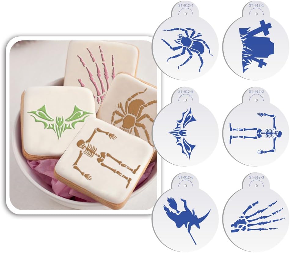 ART Kitchenware 6pcs Halloween Skull Cookie Stencil Set Icing Royal Stencil Tool Cupcake Top Decoration Mold Spider,Tomb,Witch Design ST-912S