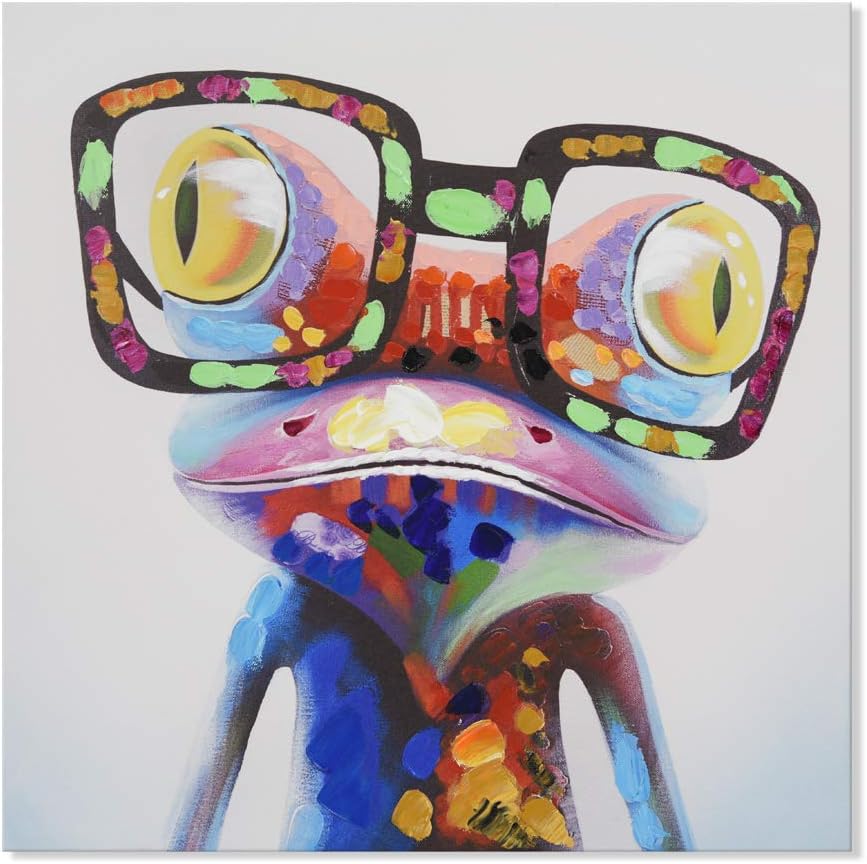 Paintings - JAPO ART Happy Frog with Glasses Funny Colorful Animal Hand Painted Oil Painting with Stretched Frame Artwork Wall Art Decor for Kids Room Bedroom Living Room Ready to Hang 16 x 16 Inch
