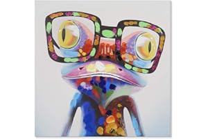 JAPO ART Happy Frog with Glasses Canvas Wall Art Funny Colorful Animal Red Eyed Tree Frog Art Pictures Hand Painted Framed Artwork for Kidroom Bedroom Livingroom 16x16Inch