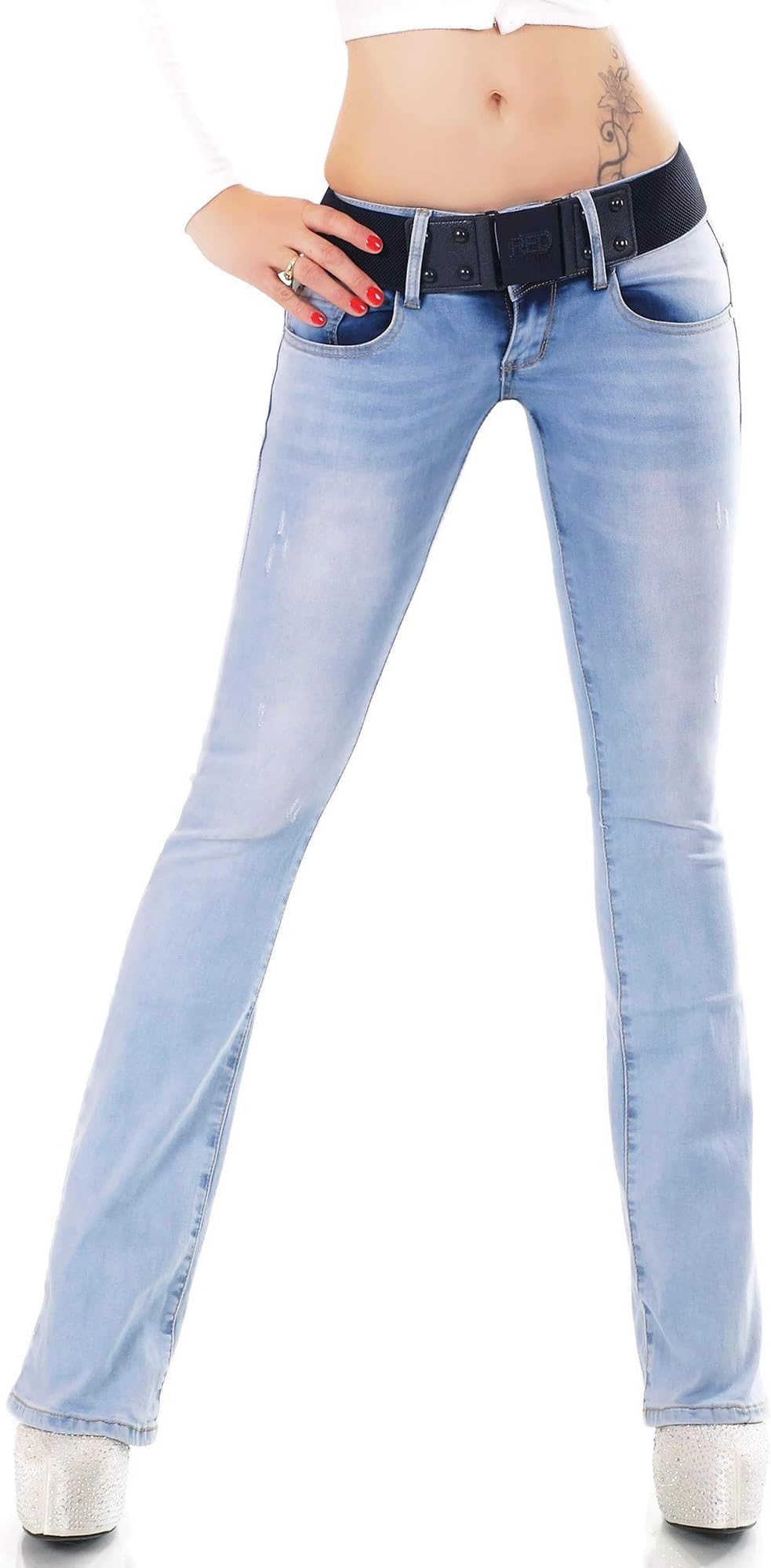 Quality Women's Stretchy Blue Hipster Boot-Cut Jeans + Belt. Sizes UK 6-14