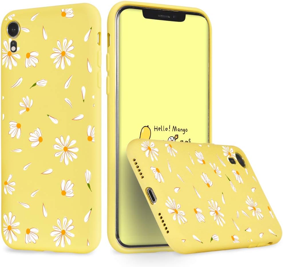 idocolors For iPhone XR Case Liquid Silicone Cute Daisy Yellow Floral Girly Soft Cover for Girls & Women Thin Bumper Protective Shockproof Flower Phonecase