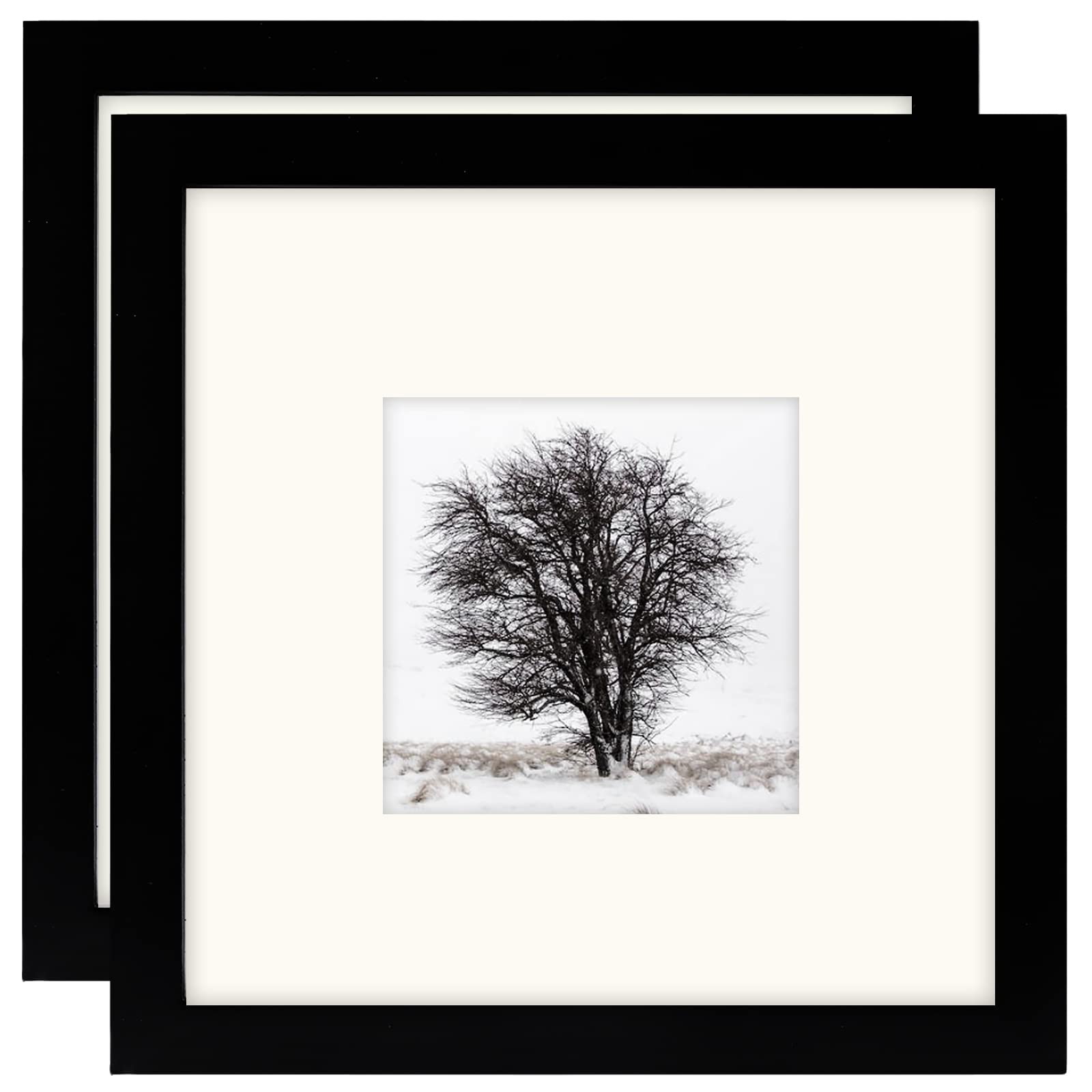 Black 8x8 Photo Frames with Mount for 4x4 Photos, 100% Classic Solid Wood Square Picture Frames for Wall Mounting and Tabletop Display, 2 Pack