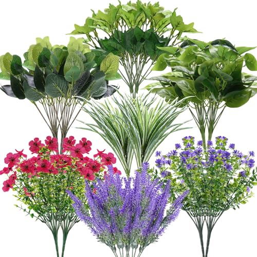 Suncalla 36 Pcs Outdoor Artificial Plants UV Resistant Fake Flowers Greenery Stems Faux Tropical Plants Shrubs for Outside DIY Garden Porch Planter Window Box Spring Summer Decor(Lavender) at Amazon