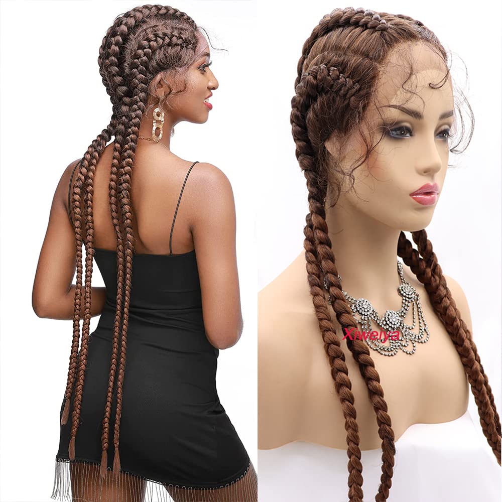 xiweiya Long Brown Braided Wig with Baby Hairs Red Brown Dutch Braids 4xTwist Cornrow Braid Synthetic Lace Front Brown Wigs 100% Hand Made Wig Afro Braids Box Braid Wigs for Women 36inch