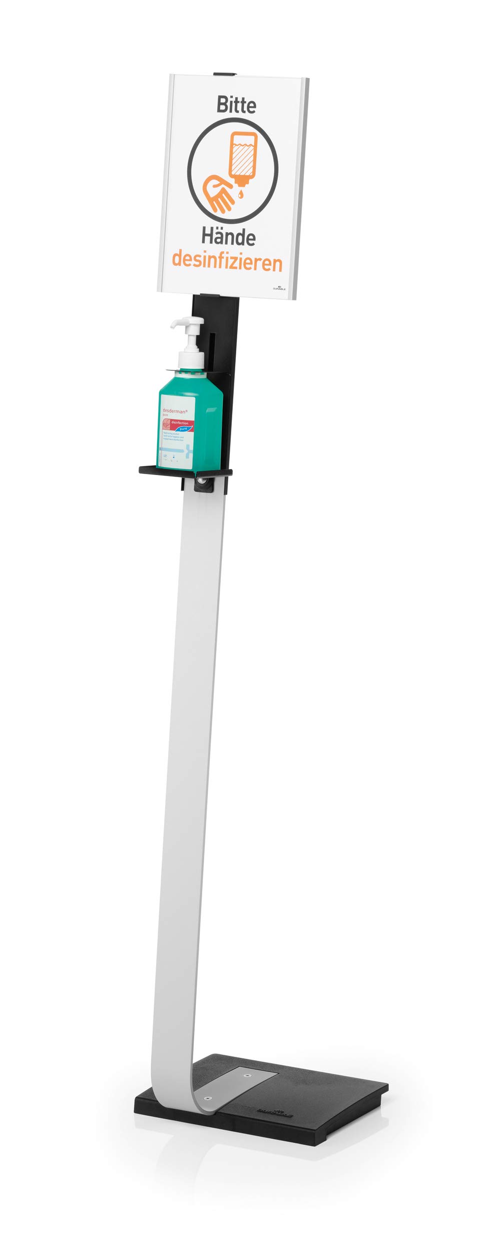 Durable 589223 Floor stand with Disinfectant Holder and Rotating Information Board A4, for Disinfectant Bottles Up to 88 x 88 x 215 mm, Silver