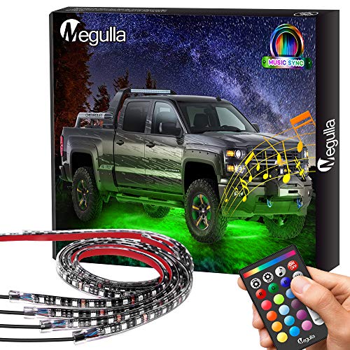 Underglow Underbody Lighting Kit, Megulla Multicolored LED Strip Lights, Neon Accent Ambient Lights, Music SYNC, IP68 Waterproof, RF Remote for Cars Interior Exterior Trucks Off-Roads Golf Carts SUVs