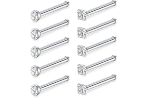 D.Bella 20G Surgical Steel Flat & Ball & Clear Diamond CZ Nose Stud Rings Bone Nose Straight Stud Piercing Jewelry