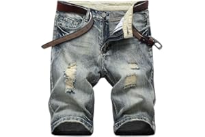 SHOOYING Men's Ripped Denim Shorts, No Belt