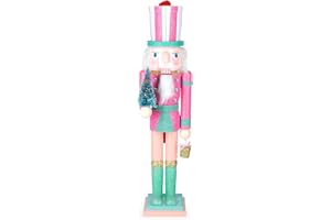 LULU Deer Christmas Nutcracker Ornament ，15inch King Soldier Nutcracker Suitable for Table, Fireplace Decoration Christmas Party Supplies (Pink Holding Christmas Tree)