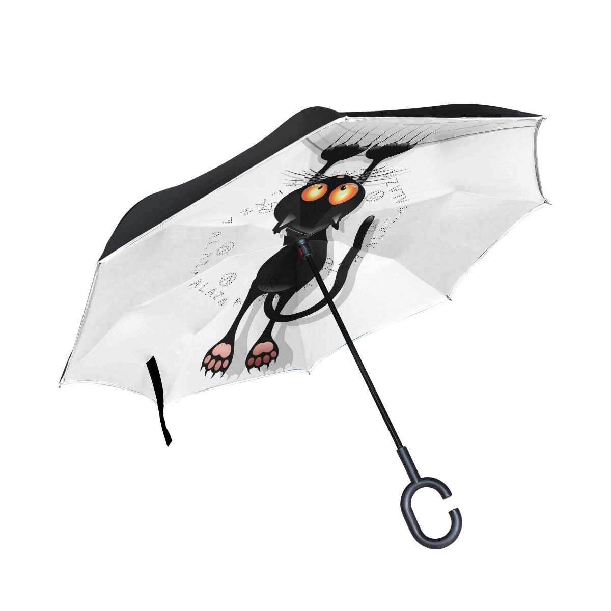 ISAOA Large Umbrella Inverted Umbrella Windproof Double Layer Construction Reversed Folding Umbrella for Car Rain Outdoor Use,C-Shaped Handle Self-standing Cat Cartoon Scratching Umbrella