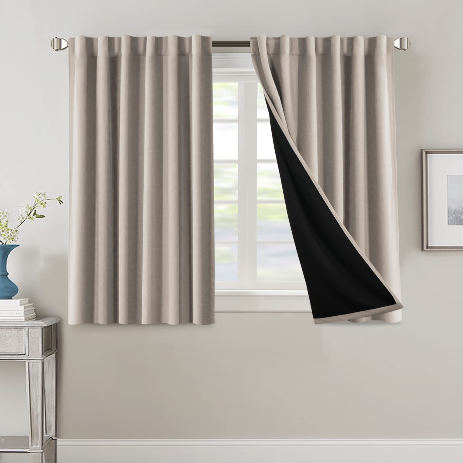 Photo 1 of H.VERSAILTEX 100% Blackout Curtains for Bedroom with Black Liner Full Room Darkening Curtains 45 Inch Long Thermal Insulated Back Tab/Rod Pocket Window Drapes for Living Room, 2 Panels, Natural Sand