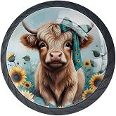 4 Pack Highland Cow Sunflower Cabinet Knobs, 1.37 Inch Round Drawer Pulls for Kitchen Cabinet Hardware Dressers Knobs and Closets