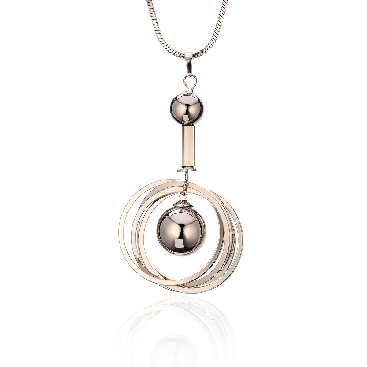 PengJin-Woman's Y-Shaped Silver Long Necklace, Round Bead Pendant Snake Chain