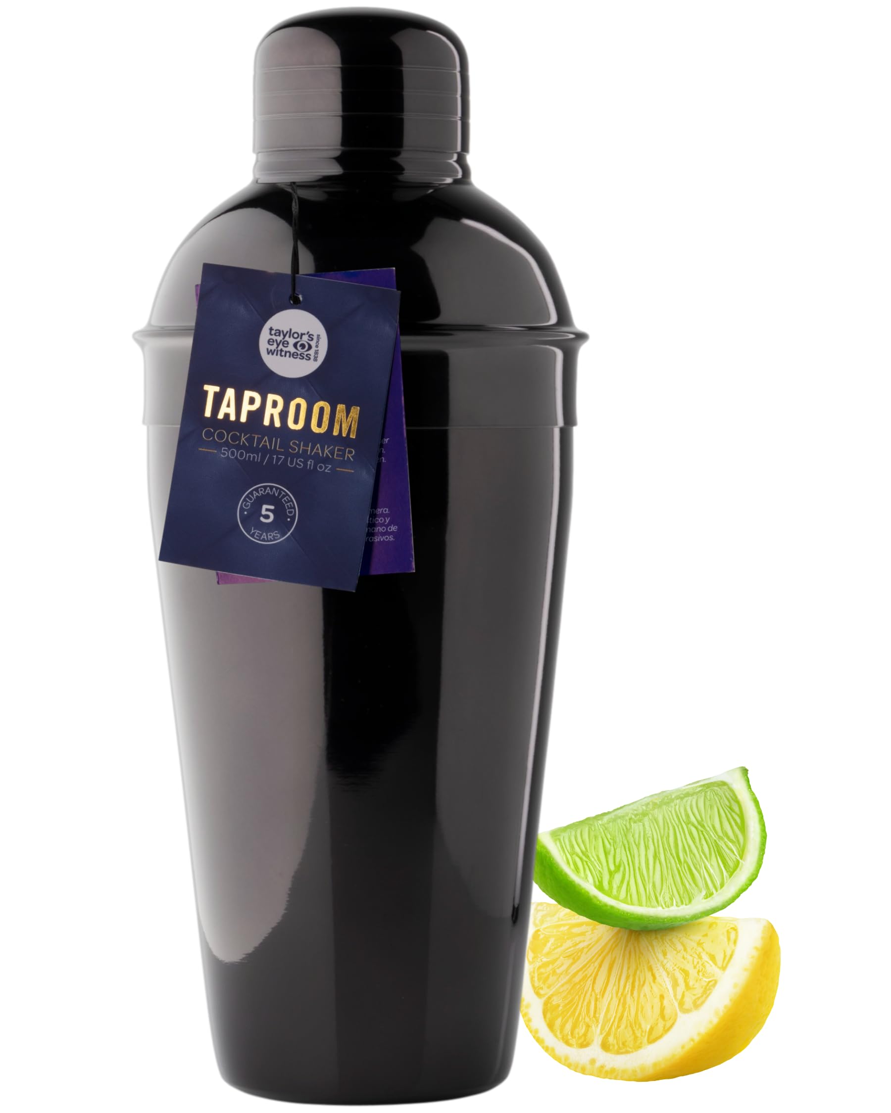 Hammered Stainless Steel Cocktail Shaker Tool - 500ml (17fl oz). Built-in Ice Strainer, Silicone Seal & Spirit Measure Cap. Classy Modern Design, Black in Colour, Great for Beginners & Professionals