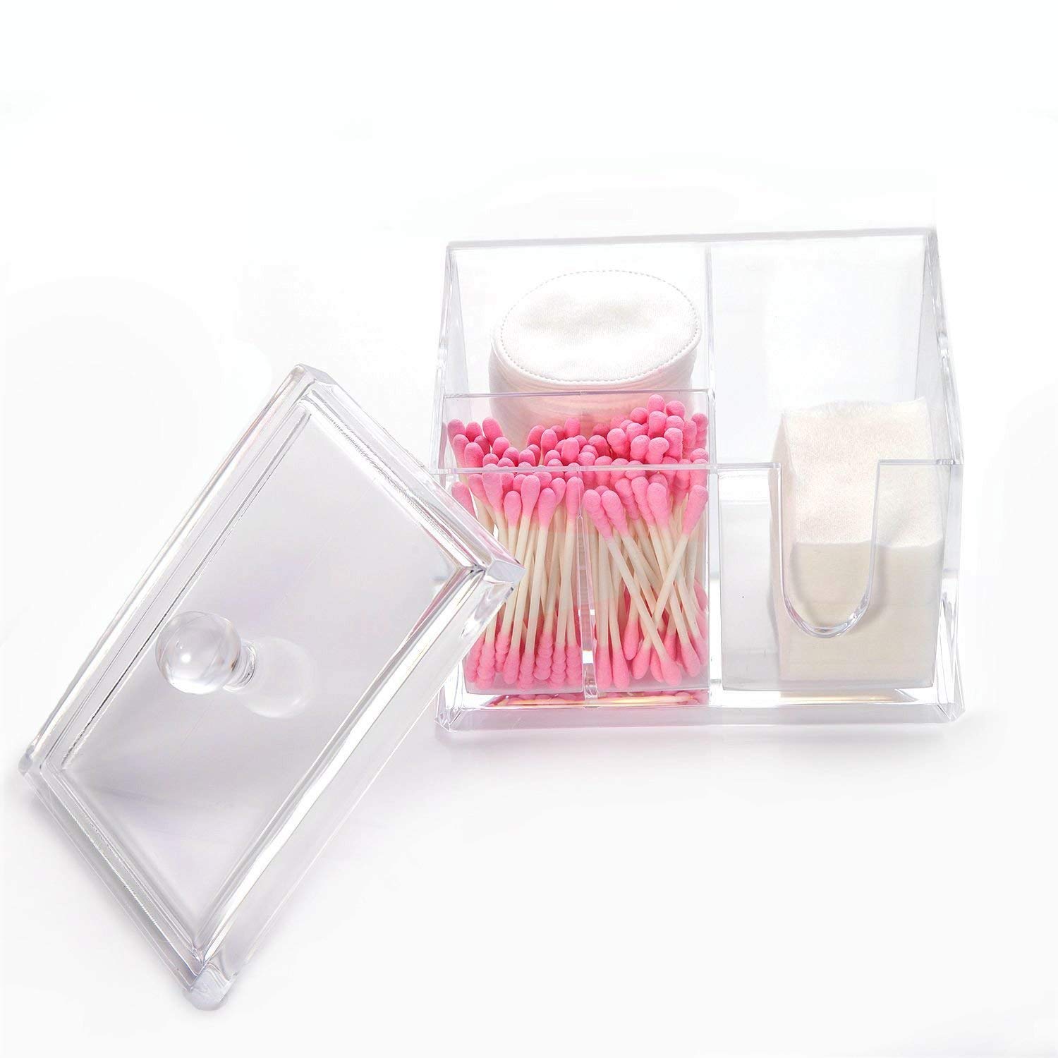 Nevsetpo Makeup Organizer Cotton Pads Holder Organizer Cosmetics Makeup Cotton Swab Holder Dispenser with 4 Sections Up to 100pcs Makeup Cotton Swabs