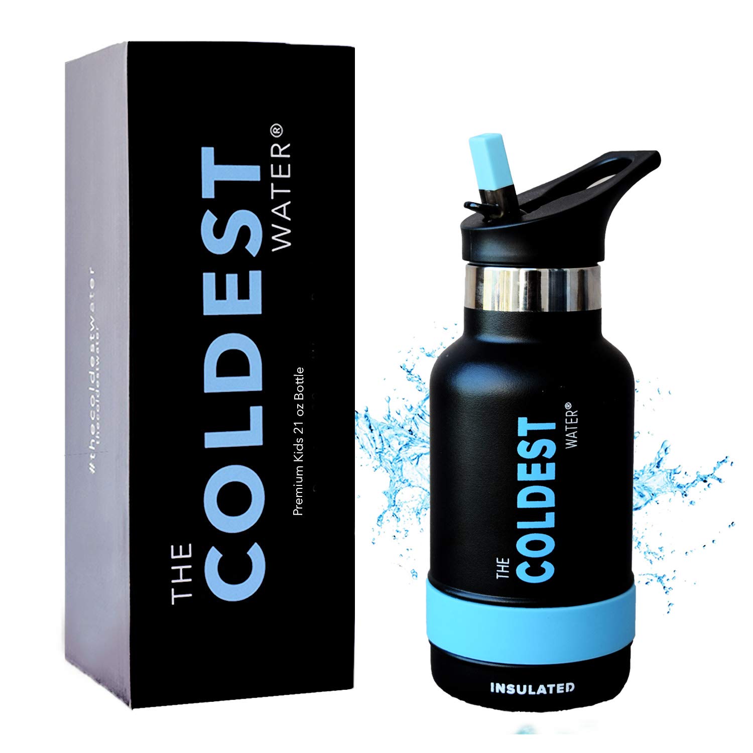 The Coldest Kids Water Bottle - Stainless Steel Bottle Flip Top Straw Lid 2.0- Black 12 oz