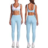 ABOCIW Two Piece Workout Sets for Women Contrast Trims Twist Front Sports Bra High Waist Leggings with Pockets