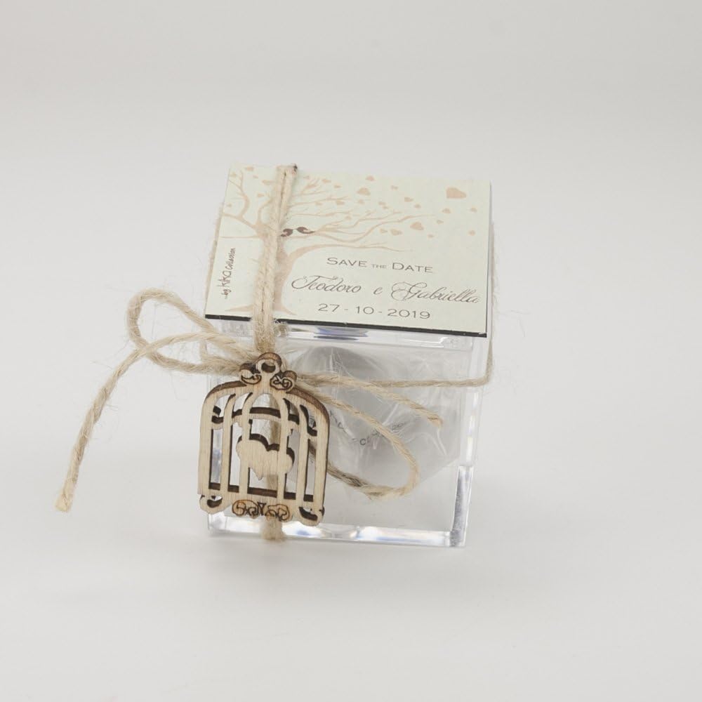 Batch of 20 Pieces Wedding Favours Boxes Plex 5 x 5 cm With Magnet Personalised Save the Date customize your party favours suitable for Wedding, Confirmation, First Communion and Baptism complete Everything as photos and Confetti