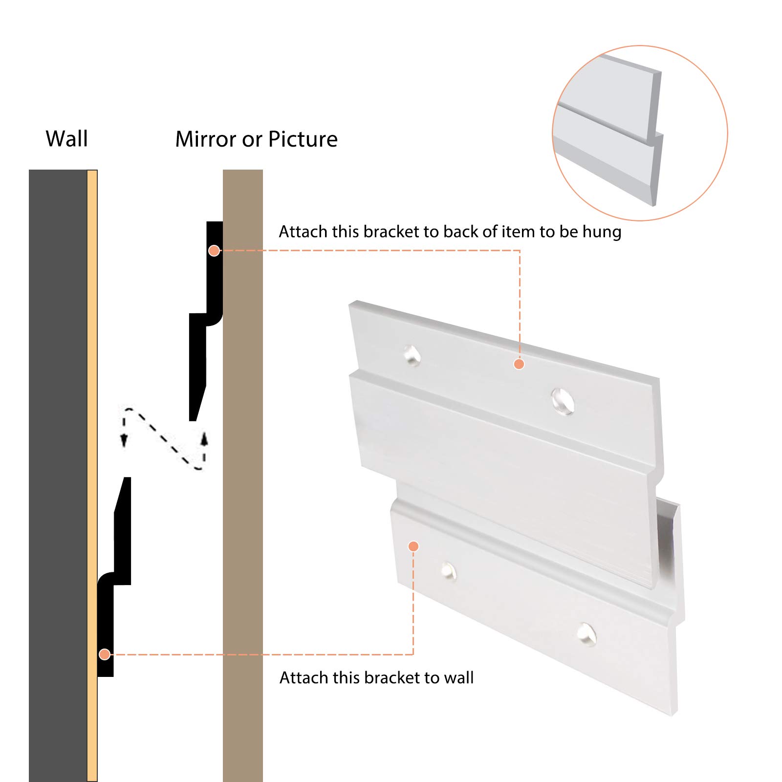French Cleat Picture Hanger 2 Inches Aluminum Z Hanger Supports 30lbs - Interlocking Wall Mounting Bracket Hardware Kit for Hanging Mirrors, Picture, Shelf, Whiteboard, Art, Frames (2