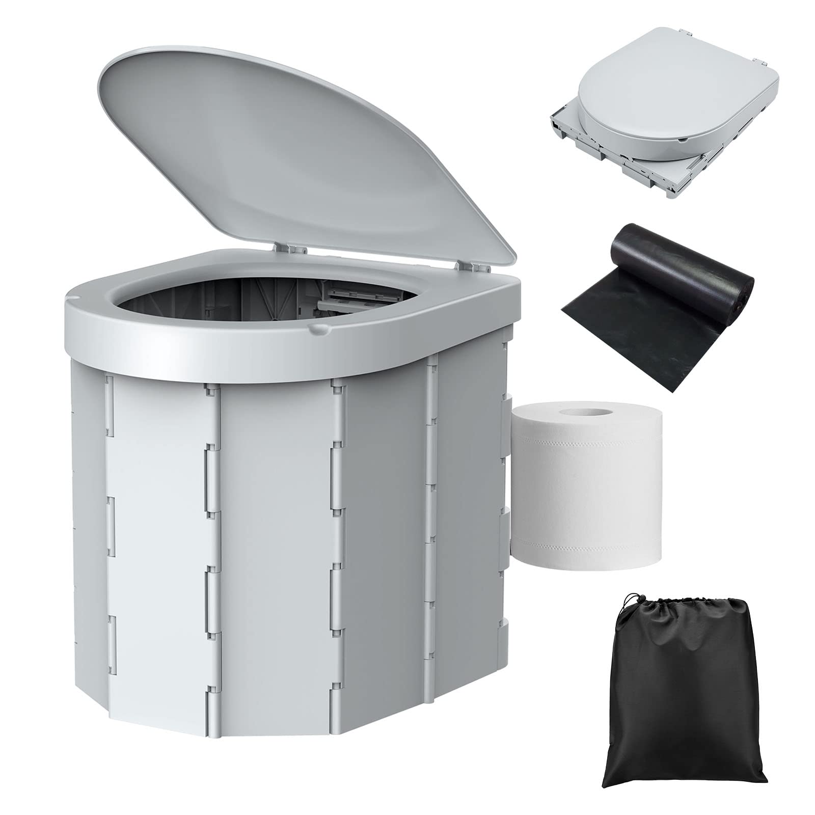 WADEO Upgraded Camping Toilet, Portable Travel WC with Lid Toilet Roll Holder, Perfect for Camping, Trip, Car (Grey)