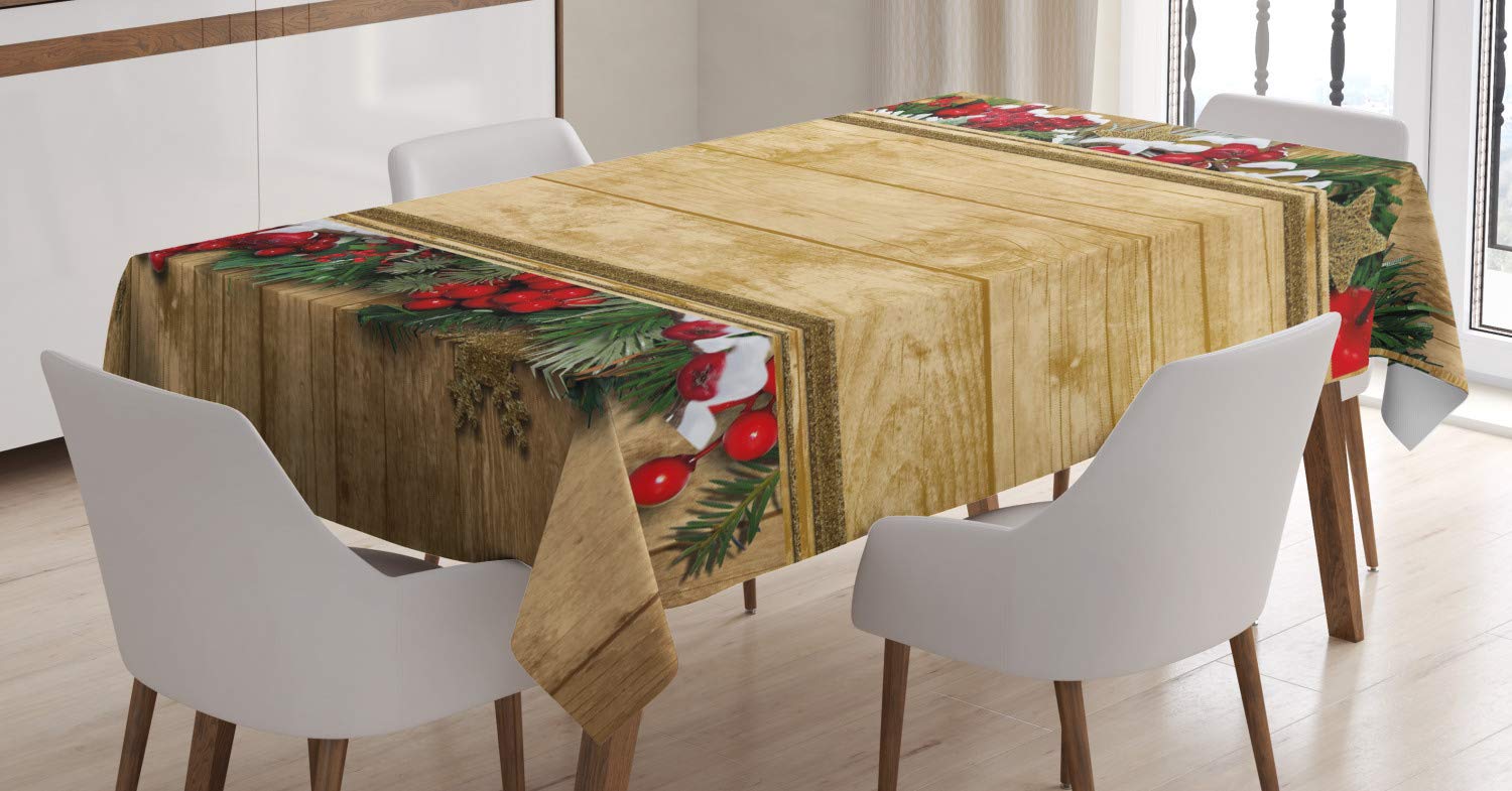 ABAKUHAUS Christmas Tablecloth, Vintage Holiday Greeting Holly Fir Twigs Antiquity Heritage Noel Yuletide Theme, Dining Room Kitchen Table Cover, 54" x 66", Brown