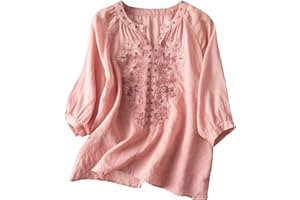 ATTINE Womens Buttons Down Shirts 3/4 Sleeve Cotton Linen Top Floral Boho Lightweight Tunic Shirts O Neck Casual Work Blouse