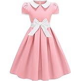 ODIZLI Kids Girls 1950s Retro Vintage Dress Short Puff Sleeve Contrast Panel Swing Party Dresses