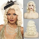 Amnenl Blonde Finger Wave Wigs for Women Long Curly 1920s Side Part Natural Synthetic Fiber Hair Halloween Costume Vintage Wig(Light Blonde)