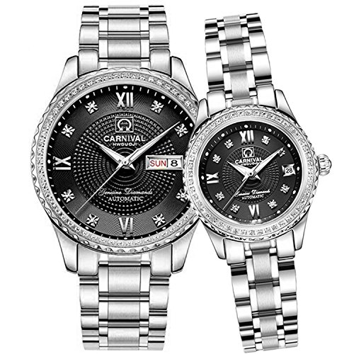 MASTOP Men and Women Automatic Watch Gold Silver Stainless Steel Dress Couple Watches for Her and His Set of 2 …, Silver Black
