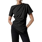Short Sleeve T Shirts for Women, Y2k Trendy Summer Going Out Tops Asymmetrical Ruched Crewneck Tee Blouse