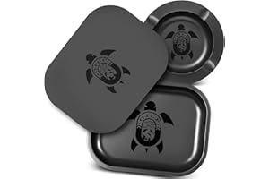 OILP Black Rolling Tray with Magnetic Lid & Cool Ashtray for Outside Patio Outdoor Home Cute Decor,Metal Ash tray Set for Storage or Travel- Set of 3 (Funny Turtle Design)