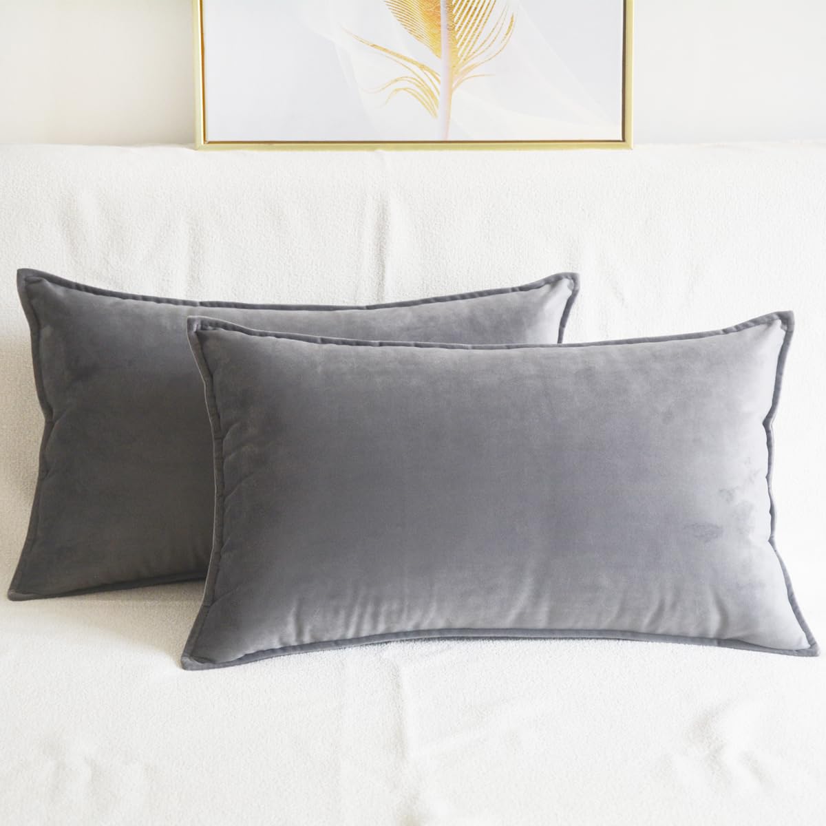 Lutanky Velvet Cushion Covers 30 x 50 cm Light Grey Rectangle Decorative Throw Pillow Covers (Pack of 2) Soft Oblong Piped Pillowcases for Sofa Bedroom with Invisible Zipper 12x20 Inch