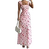 BEAUDRM Women's Off The Shoulder Maxi Party Dress Floral Ruched Fit and Flare Cami Dresses