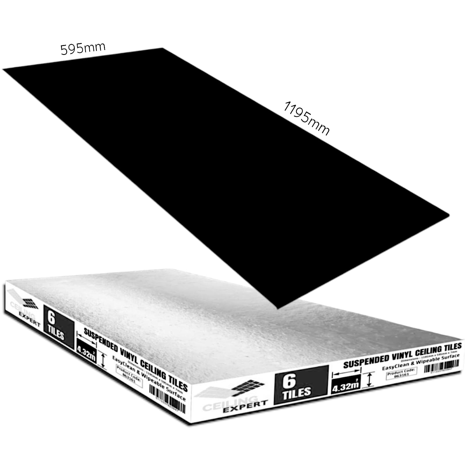 Black Suspended Vinyl PVC Gypsum Laminated Tiles 1200 x 600 - Easy Clean & Wipe Able 1195mm x 595mm