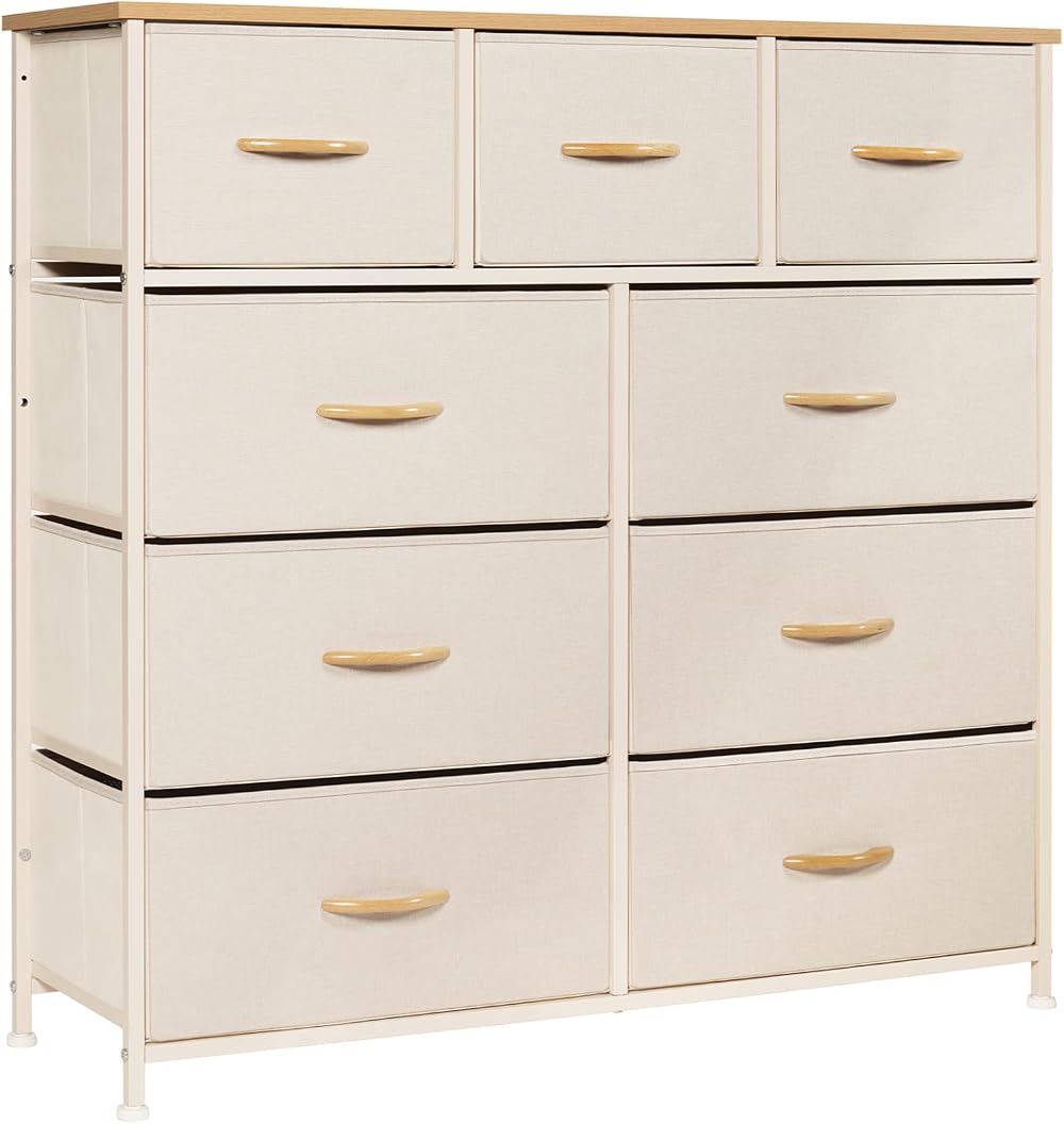 LYNCOHOME Beige Fabric Dresser with Wood Top 9 Drawers Chest of Drawers
