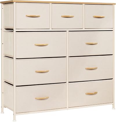 LYNCOHOME Beige Fabric Dresser with Wood Top 9 Drawers Chest of Drawers