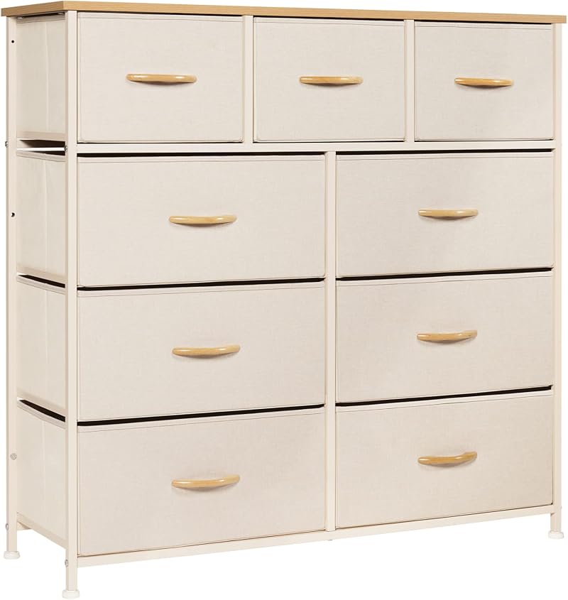 LYNCOHOME Beige Fabric Dresser with Wood Top 9 Drawers Chest of Drawers