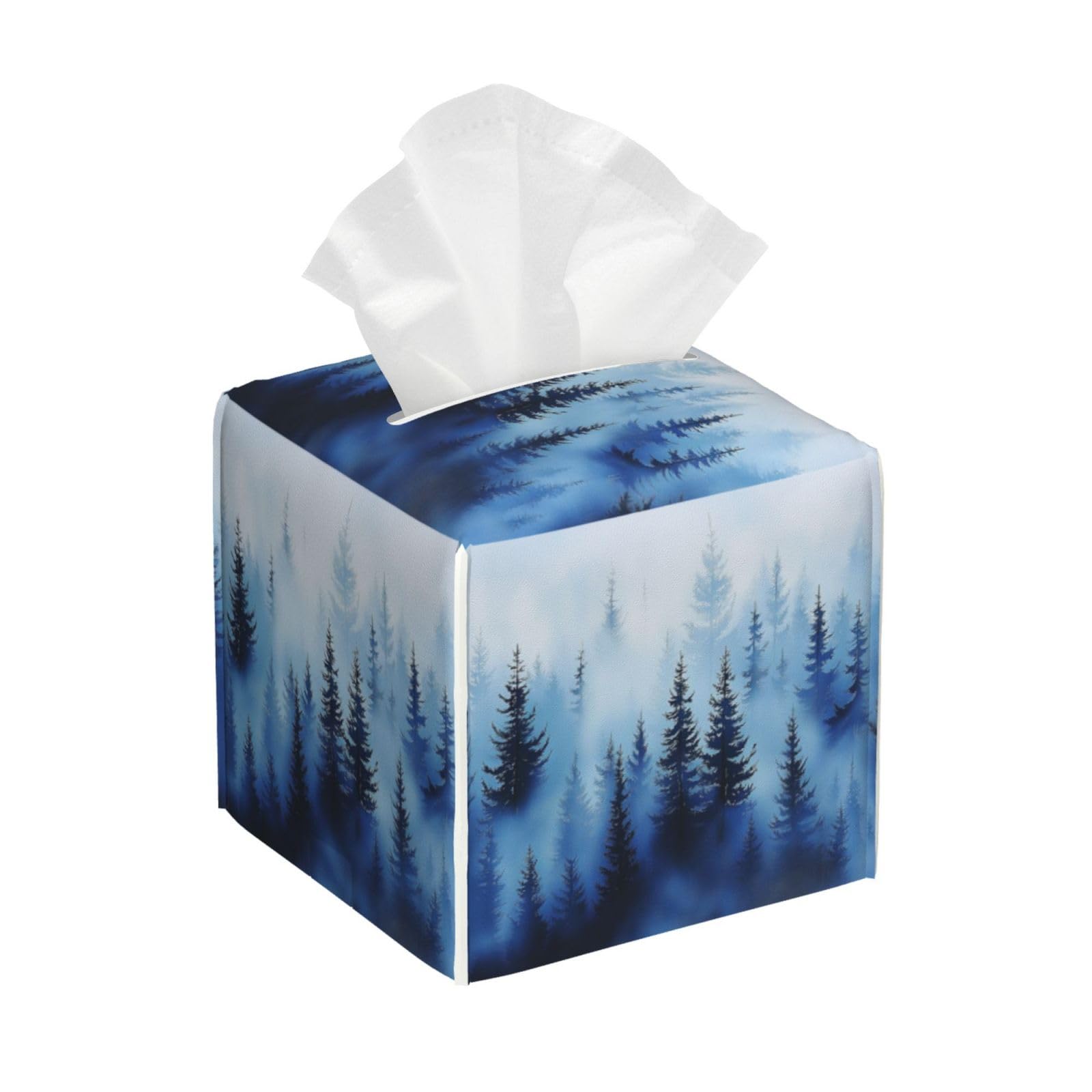 Photo 1 of Blue Forest Tree Tissue Box Cover Square Leather Tissue Holder Decorative Facial Tissue Cube Paper Cover Case Organizer for Bathroom Night Stands Desk Tabletop Living Room Home