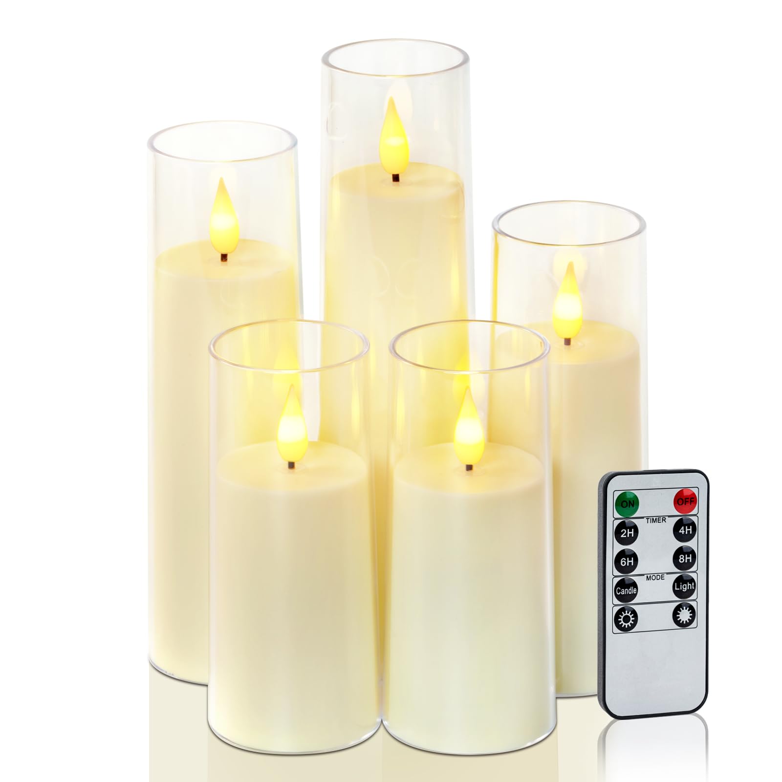 Photo 1 of Amagic Flameless Candles Battery Operated, LED Candles with Remote and Timer, Acrylic Plexiglass Flickering Fake Candle for Wedding, Home Decor, Ivory White, Set of 5, D2.2 x H5 5" 6" 7" 8"