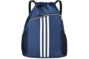 Waterproof Drawstring Gym Bag, Lightweight Sports Backpack with Zipper & Side Pockets for Men Women
