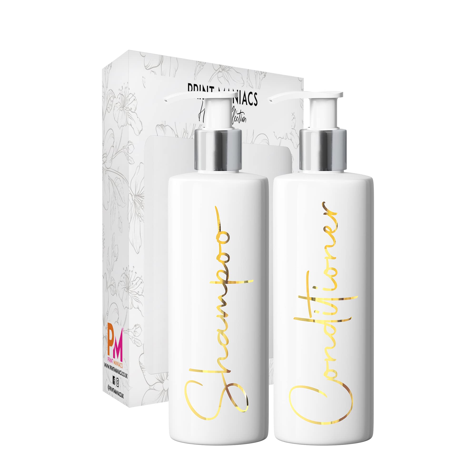 Print Maniacs Mrs Hinch Inspired White Personalised Dispenser Pump Bottles Shampoo Conditioner 2 Set F2 (Gold)