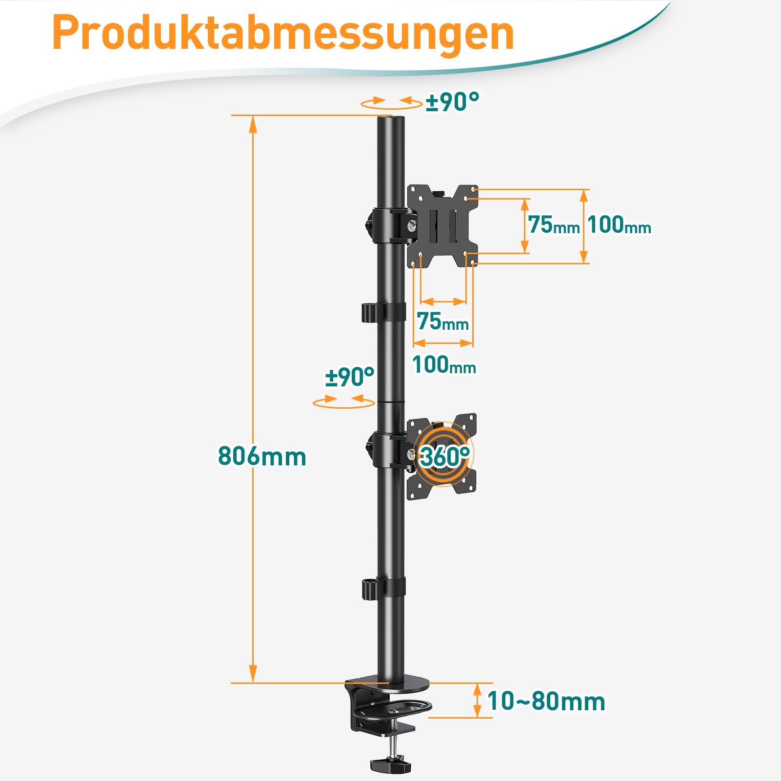 ELIVED Vertical Monitor Halterung 2 Monitore, 80cm Stange für 13-32 Zoll Monitore bis zu 8kg, Dualer Monitorständer Stack Bildschirmhalterung, Höhenverstellbar, Schwenkbar, Neigbar, EV4012 6