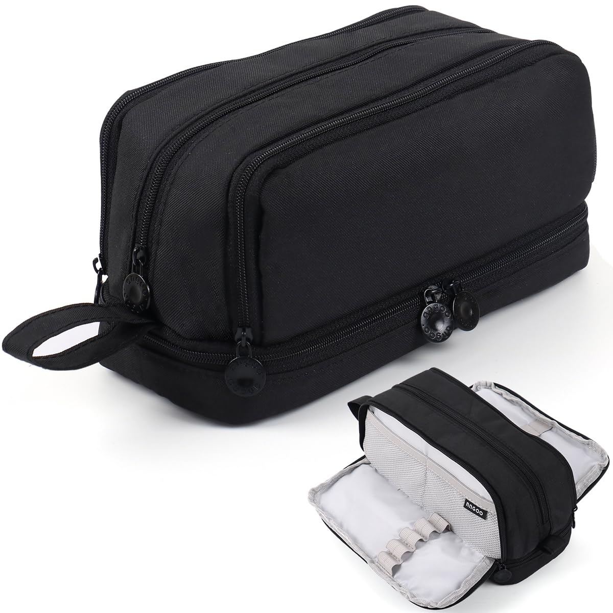 MAMUNU Large Capacity Pencil Case 4 Compartments, Big Pen Pouch with Zipper Portable Handle, Aesthetic Pencil Case Pen Bag Stationery Organizer for Office College School Teen Girl Boy Men Women, Black