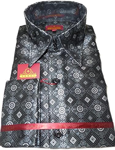 SANGI 1031 Mens Black Silver Diamond High Collar French Cuff Shirt (2XL)
