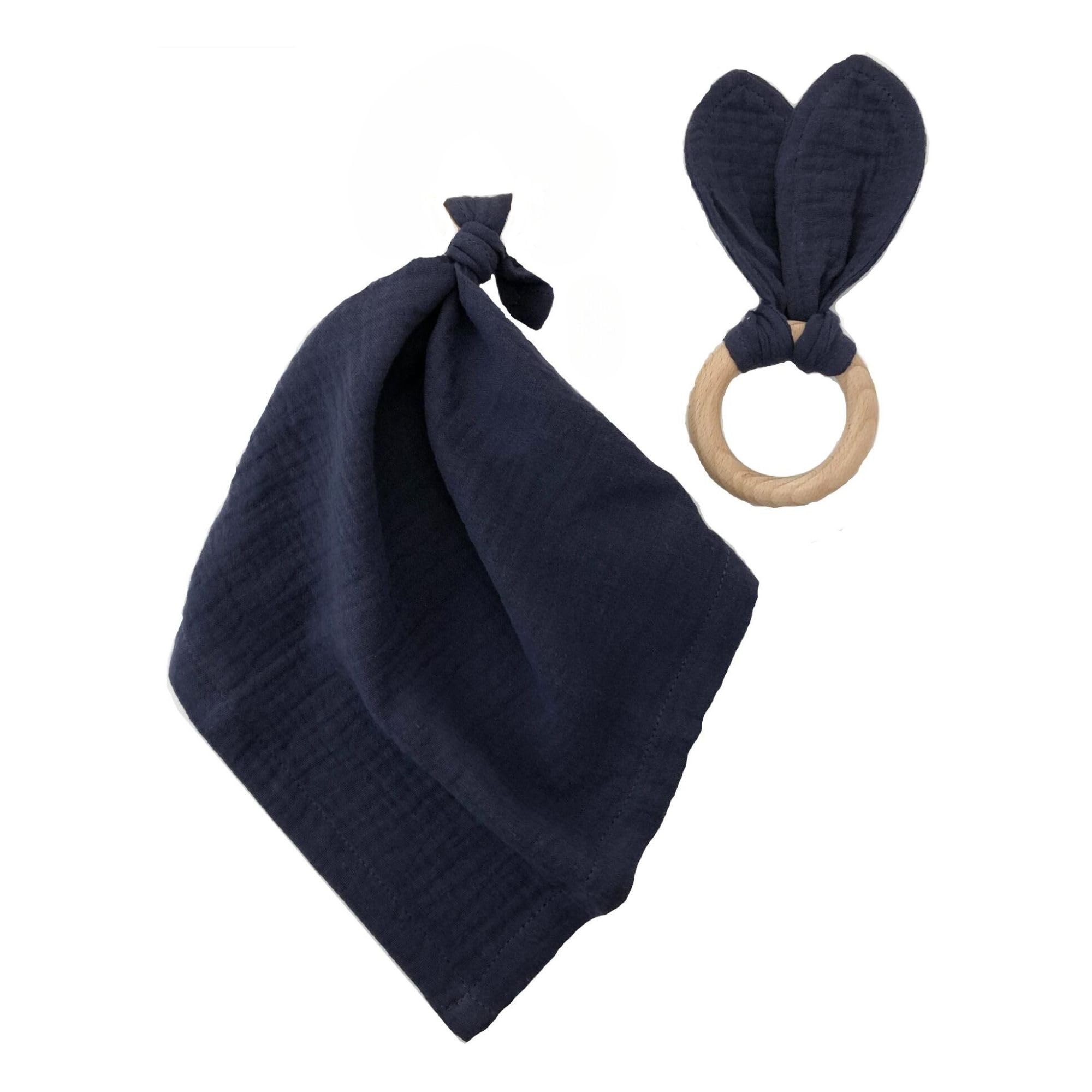 MilkMama Baby Organic Comforter and Bunny Ears Teether Set, Muslin and Wood Teether and Baby Blanket, 100% Organic Cotton Muslin Wooden Ring Teether (Blue)